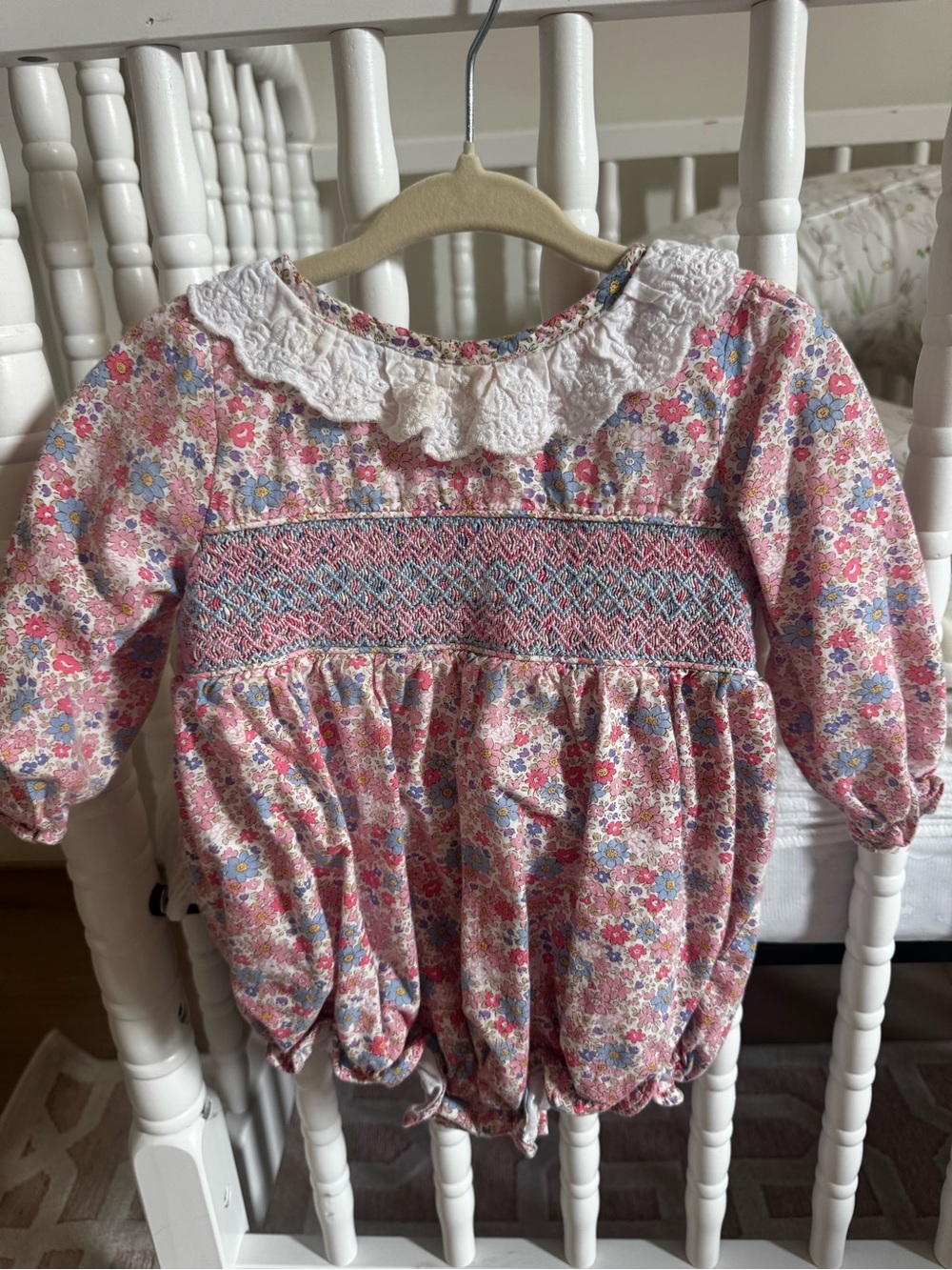 Cecil and Lou girls Floral Smocked One-Piece with Lace Collar - Pink